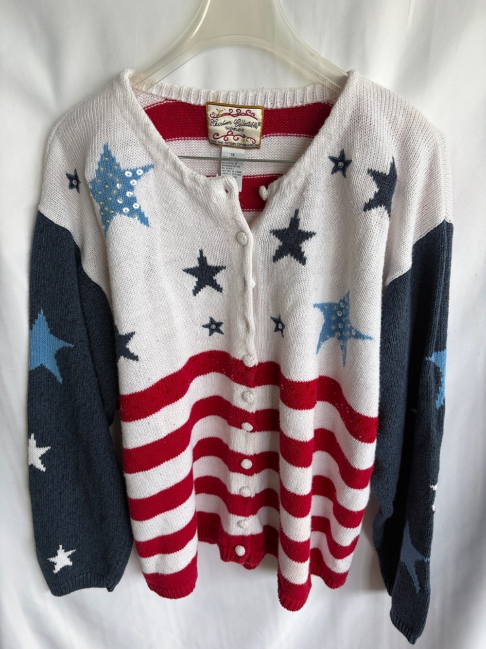 Heirloom Collectibles Button Up American Flag Sweater, sz 1X, 26” PTP, 27” L